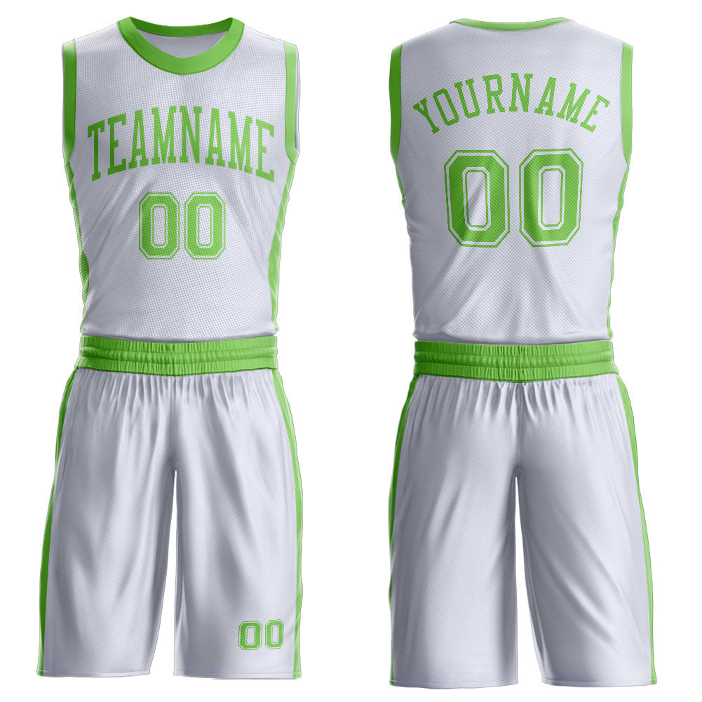 Custom White Neon Green Round Neck Basketball Uniform Jersey - Main View