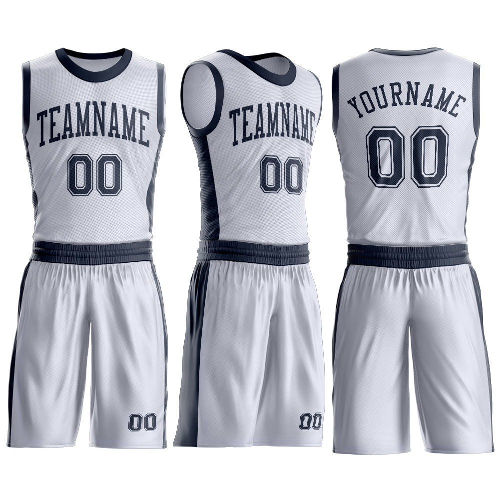 Custom White Navy Round Neck Basketball Uniform Jersey view 3