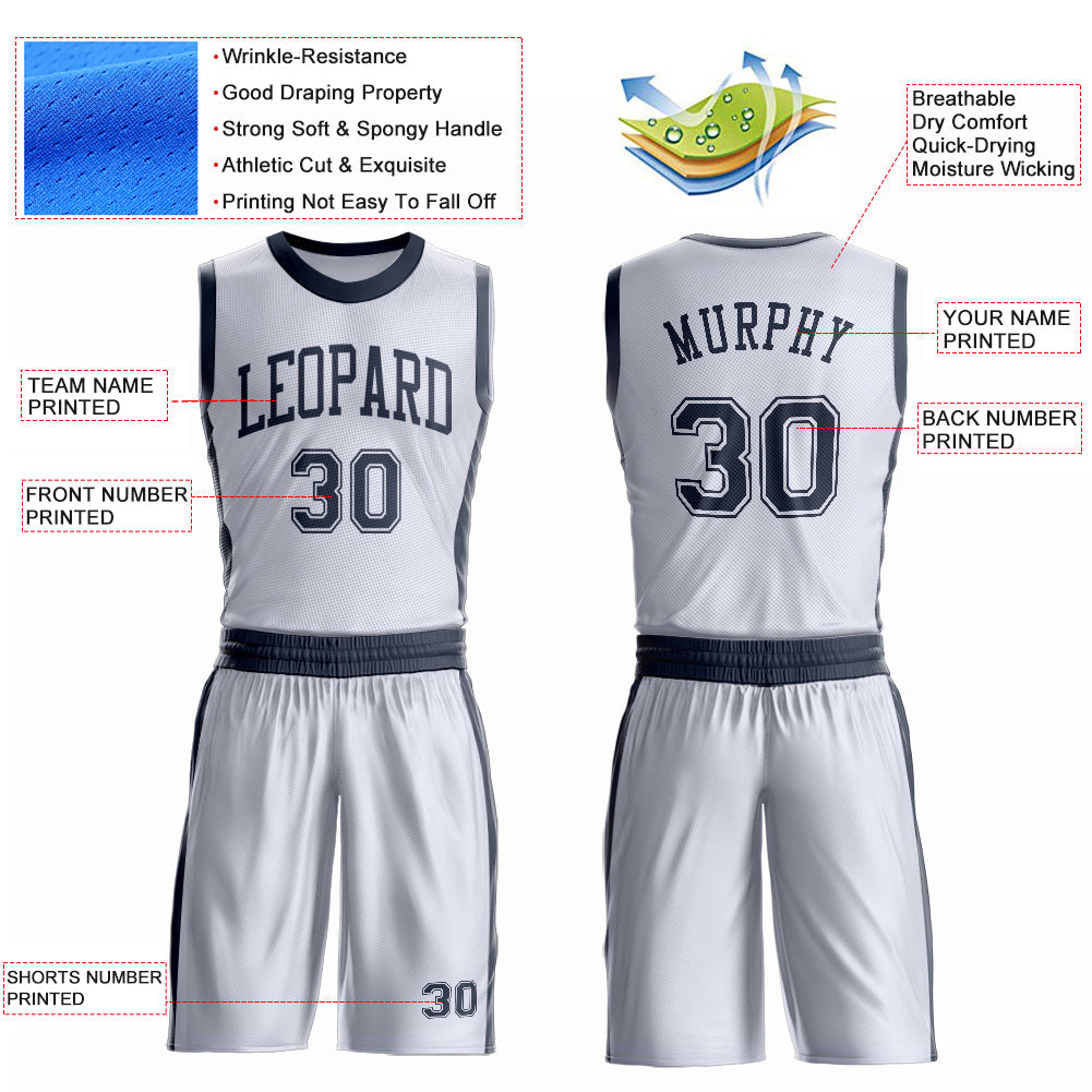 Custom White Navy Round Neck Basketball Uniform Jersey view 4
