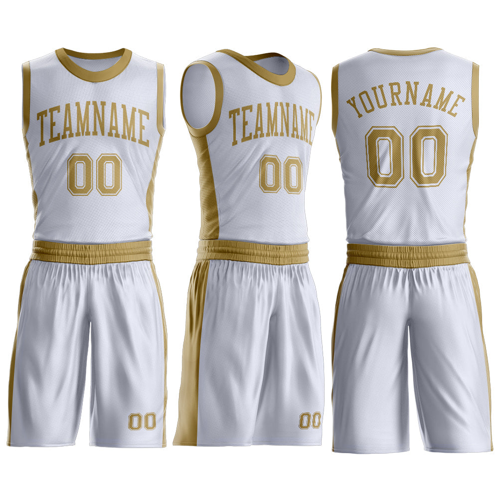Custom White Old Gold Round Neck Basketball Uniform Jersey view 3