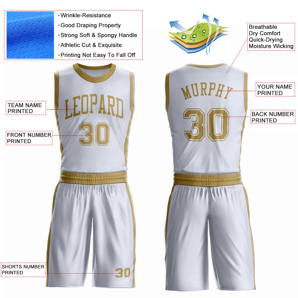 Custom White Old Gold Round Neck Basketball Uniform Jersey view 4