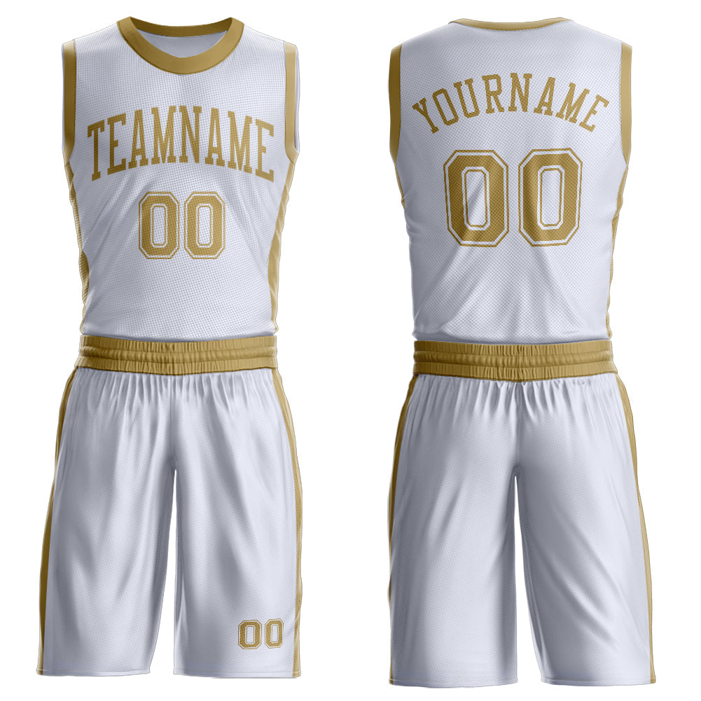 Custom White Old Gold Round Neck Basketball Uniform Jersey - Main View