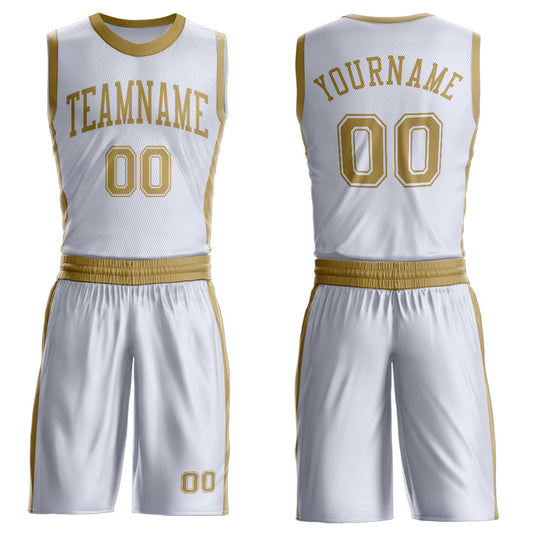 Custom White Old Gold Round Neck Basketball Uniform Jersey - Main View
