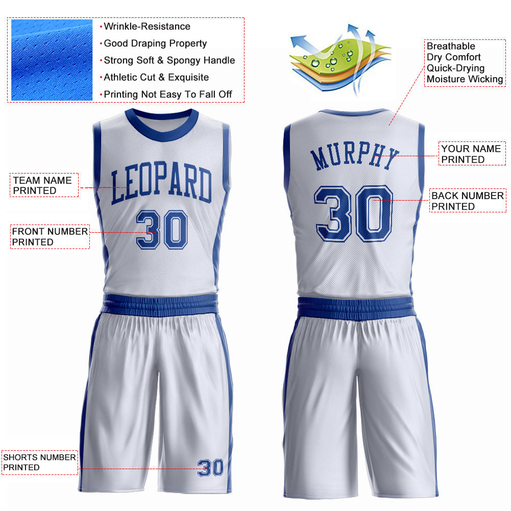 Custom White Royal Round Neck Basketball Uniform Jersey view 4