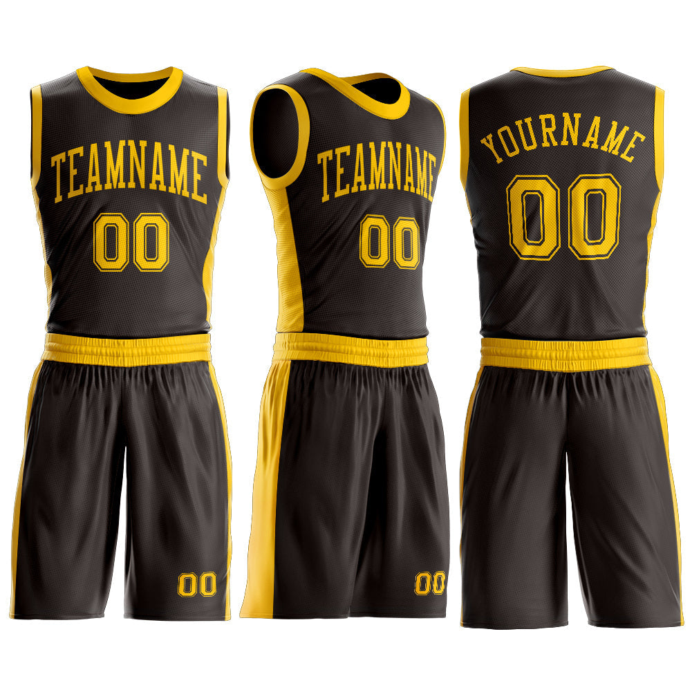 Custom Brown Gold Round Neck Basketball Uniform Jersey view 3