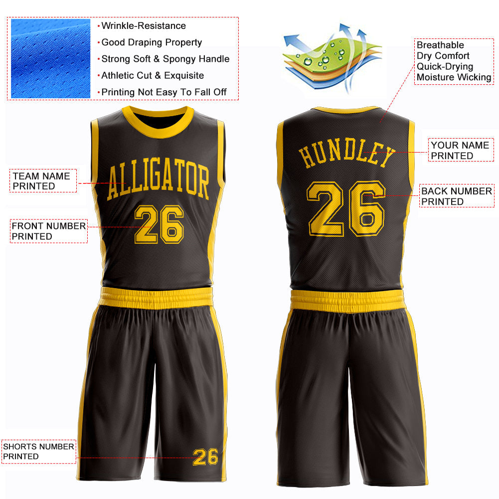 Custom Brown Gold Round Neck Basketball Uniform Jersey view 4