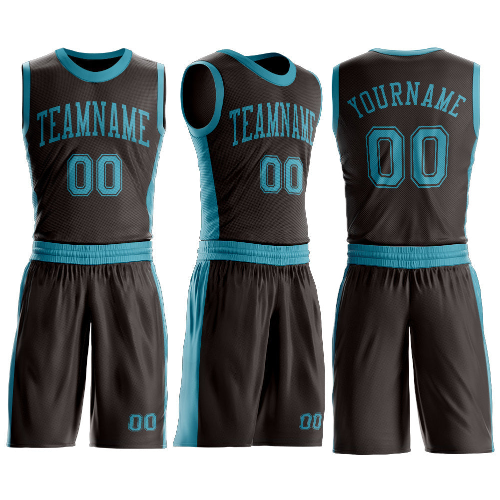 Custom Brown Teal Round Neck Basketball Uniform Jersey view 3