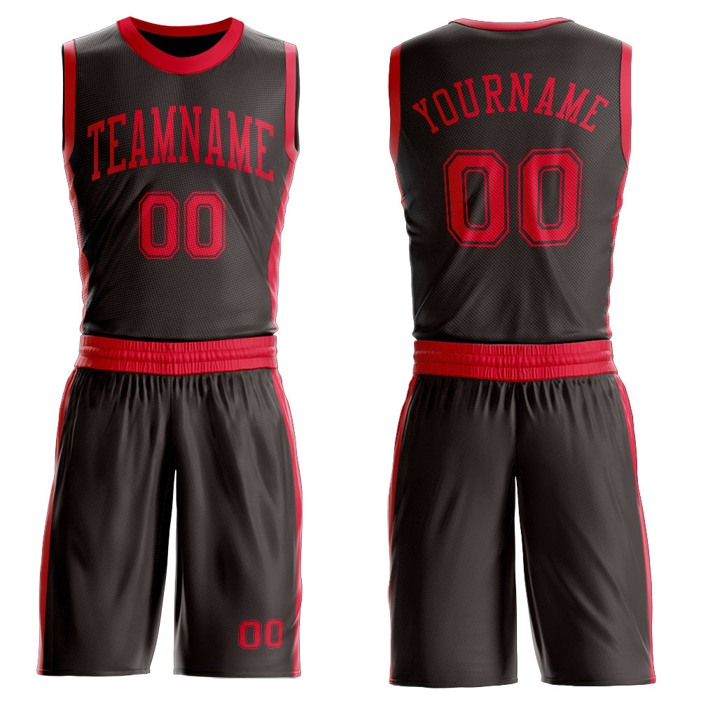 Custom Brown Red Round Neck Basketball Uniform Jersey - Main View