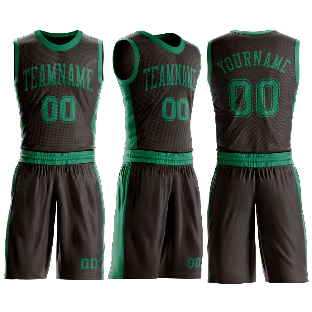 Custom Brown Kelly Green Round Neck Basketball Uniform Jersey view 3