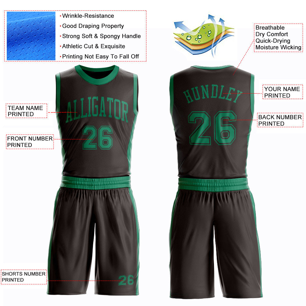 Custom Brown Kelly Green Round Neck Basketball Uniform Jersey view 4