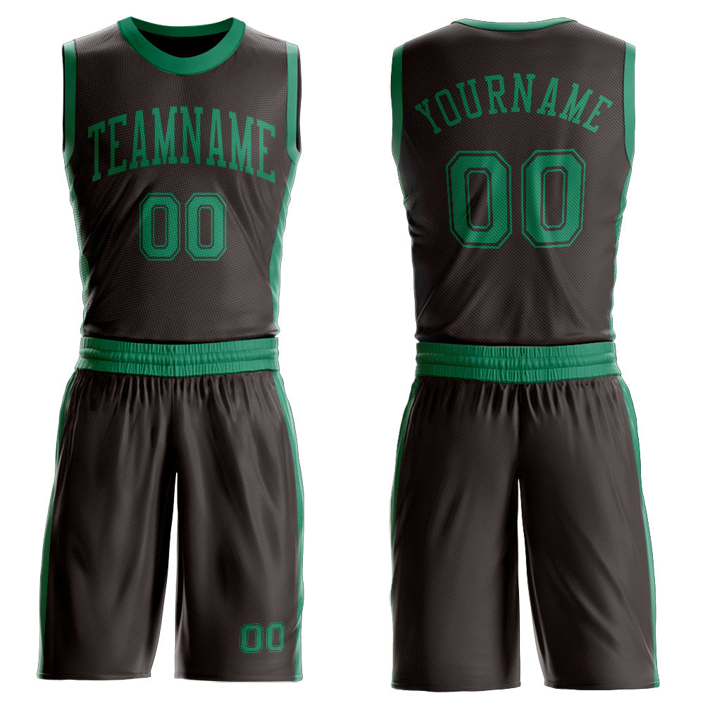 Custom Brown Kelly Green Round Neck Basketball Uniform Jersey - Main View