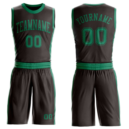 Custom Brown Kelly Green Round Neck Basketball Uniform Jersey - Main View