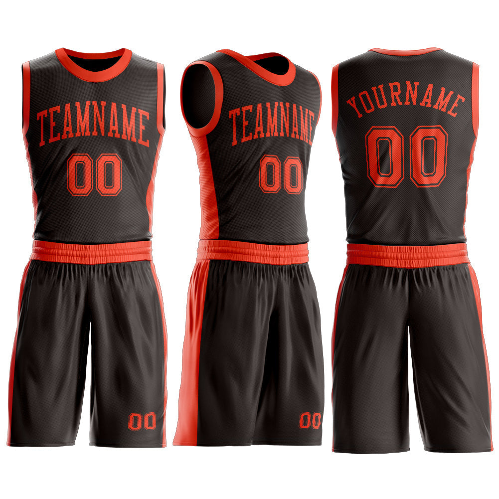 Custom Brown Orange Round Neck Basketball Uniform Jersey view 3