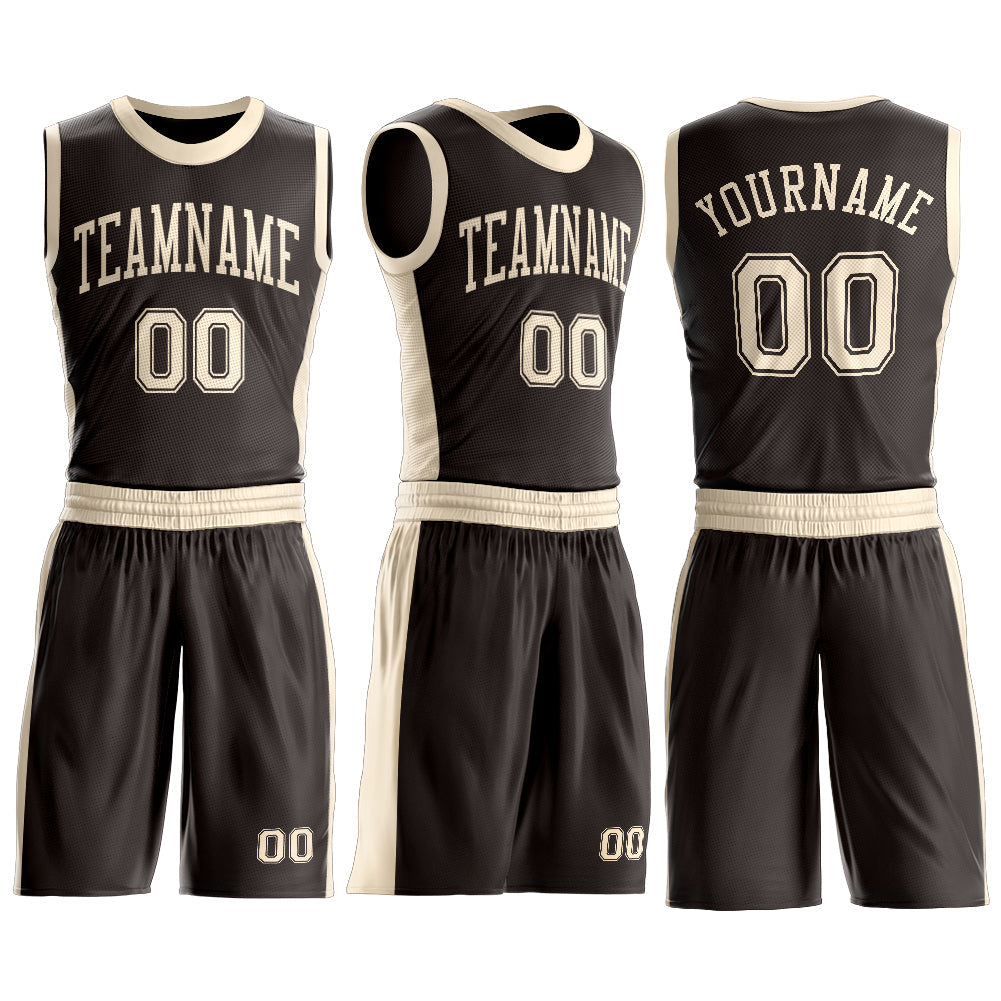 Custom Brown Cream Round Neck Basketball Uniform Jersey view 3