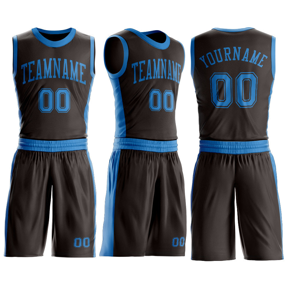 Custom Brown Blue Round Neck Basketball Uniform Jersey view 3