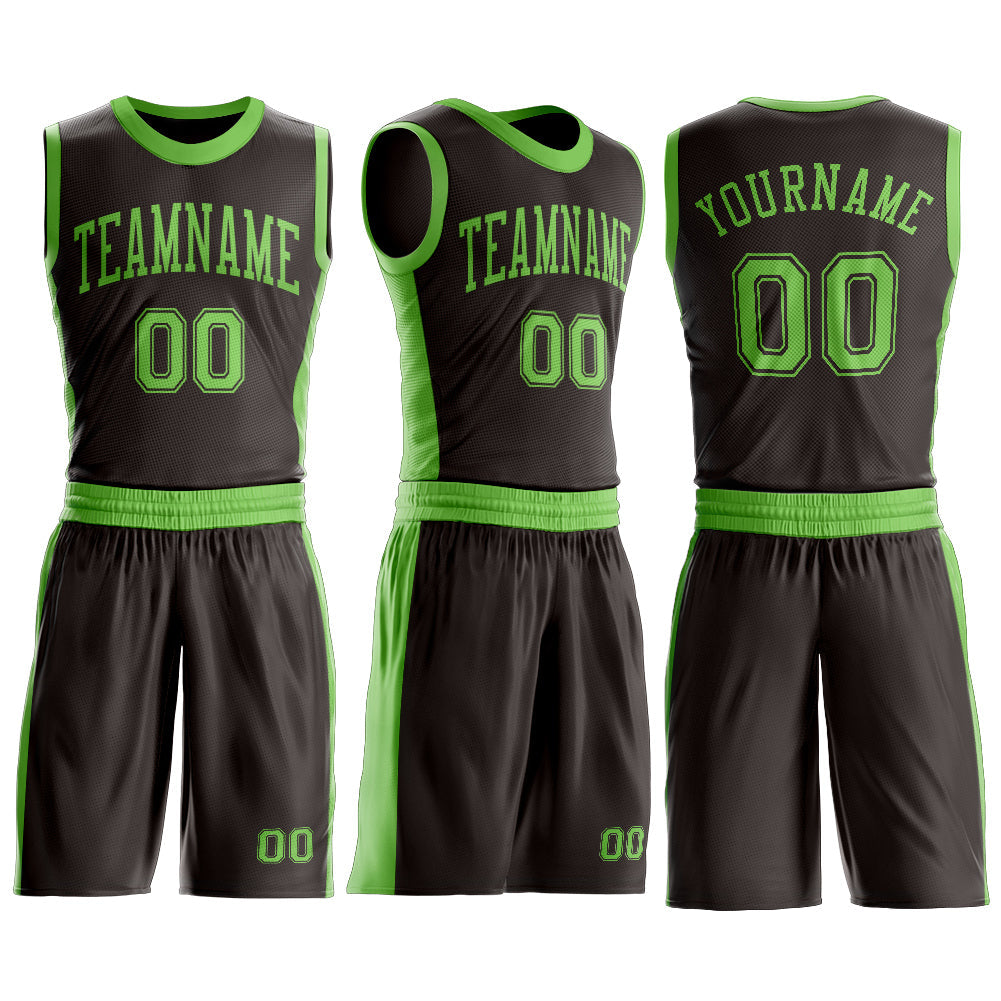 Custom Brown Neon Green Round Neck Basketball Uniform Jersey view 3