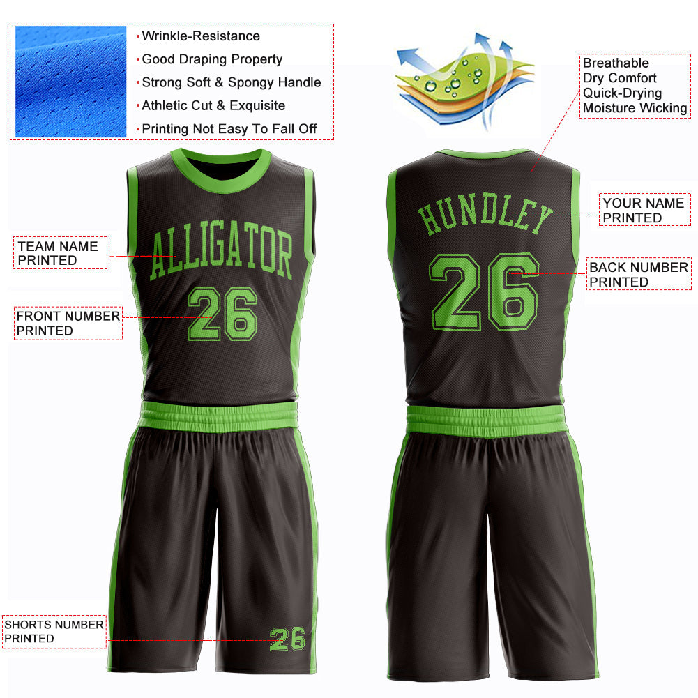 Custom Brown Neon Green Round Neck Basketball Uniform Jersey view 4