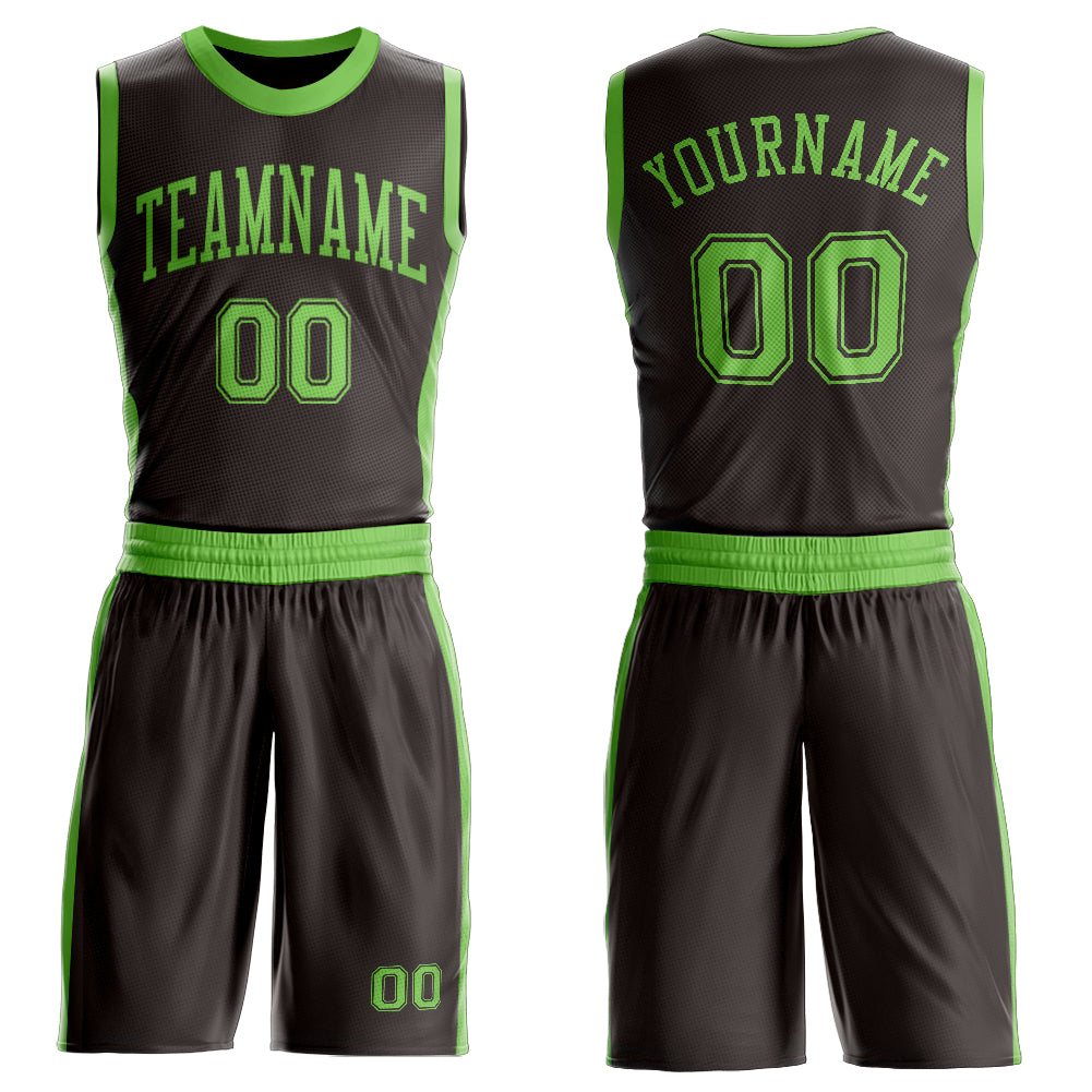 Custom Brown Neon Green Round Neck Basketball Uniform Jersey - Main View
