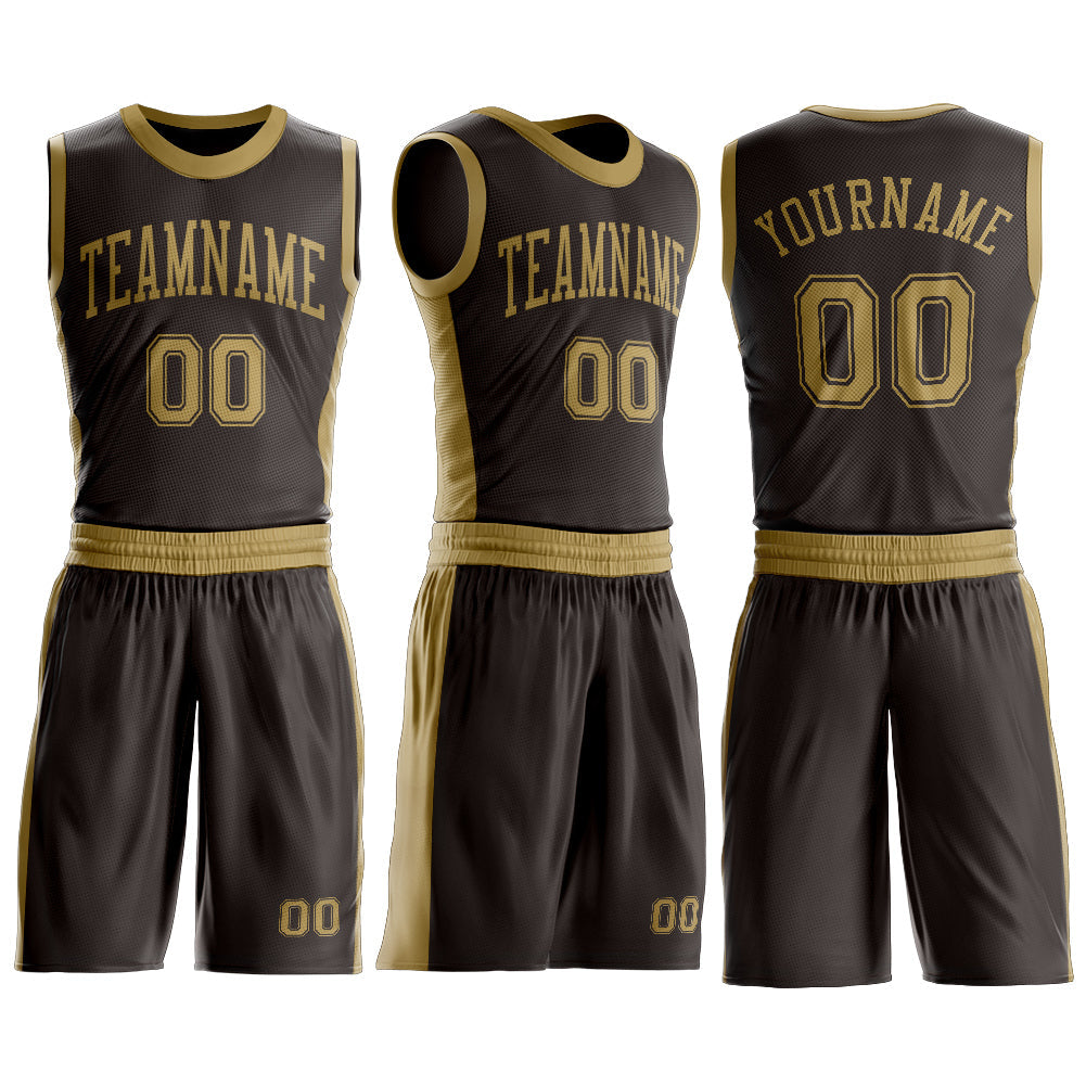 Custom Brown Old Gold Round Neck Basketball Uniform Jersey view 3