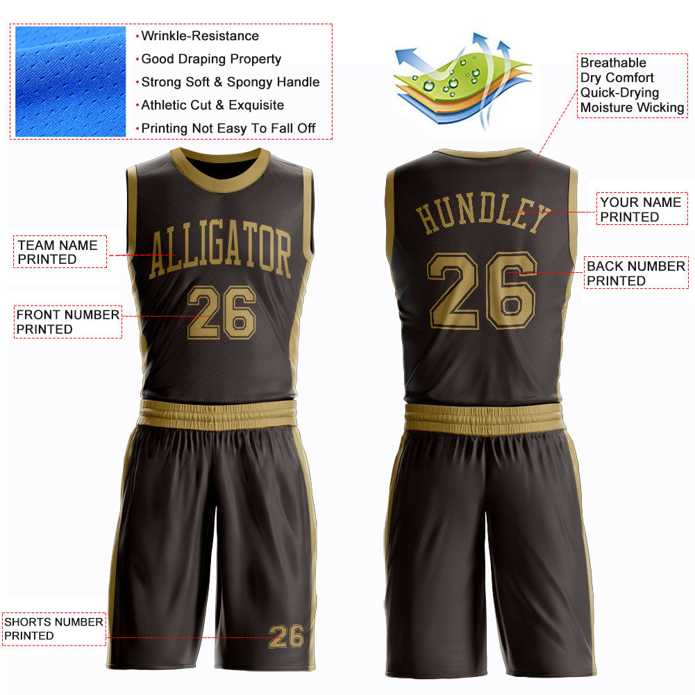 Custom Brown Old Gold Round Neck Basketball Uniform Jersey view 4