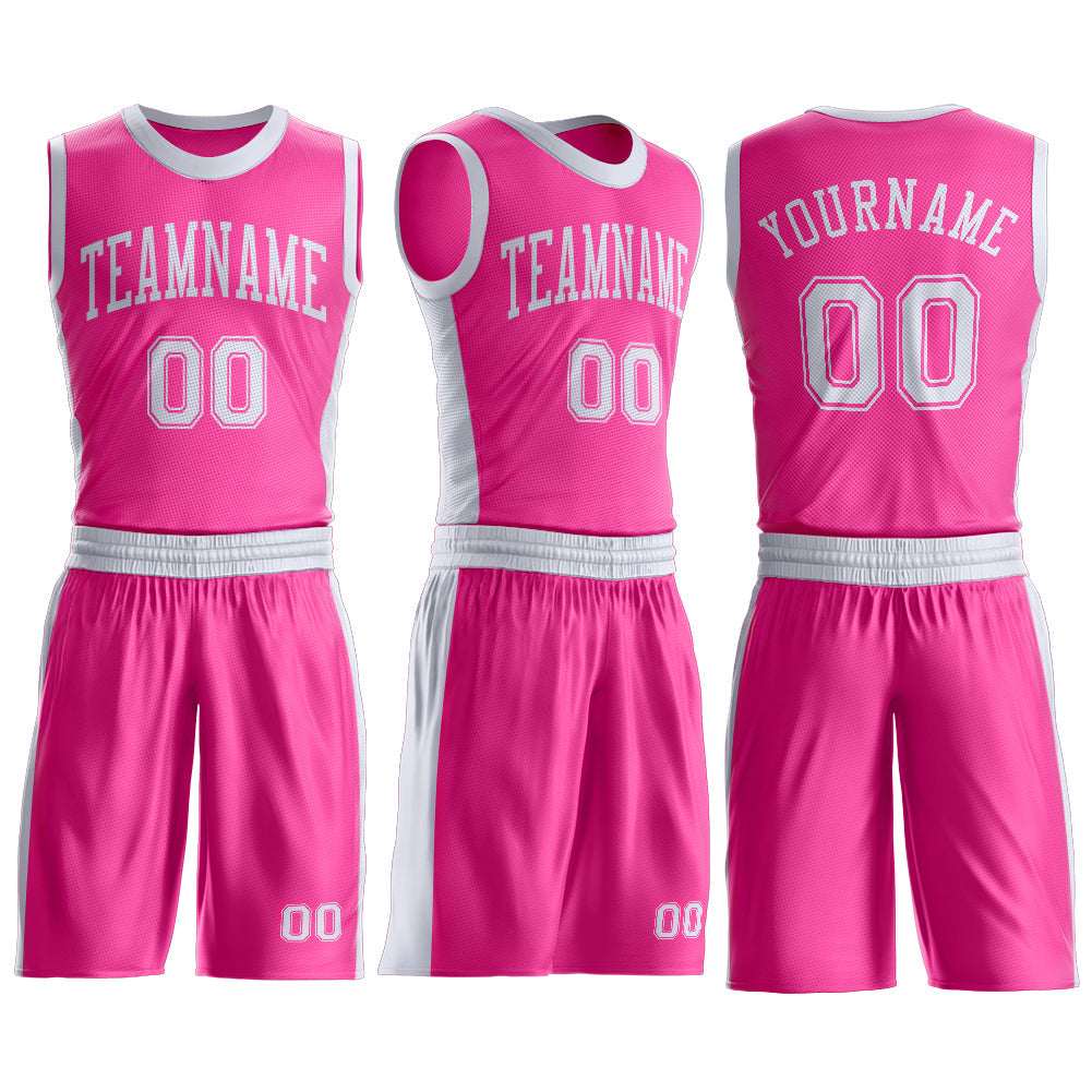 Custom Pink White Round Neck Basketball Uniform Jersey view 3