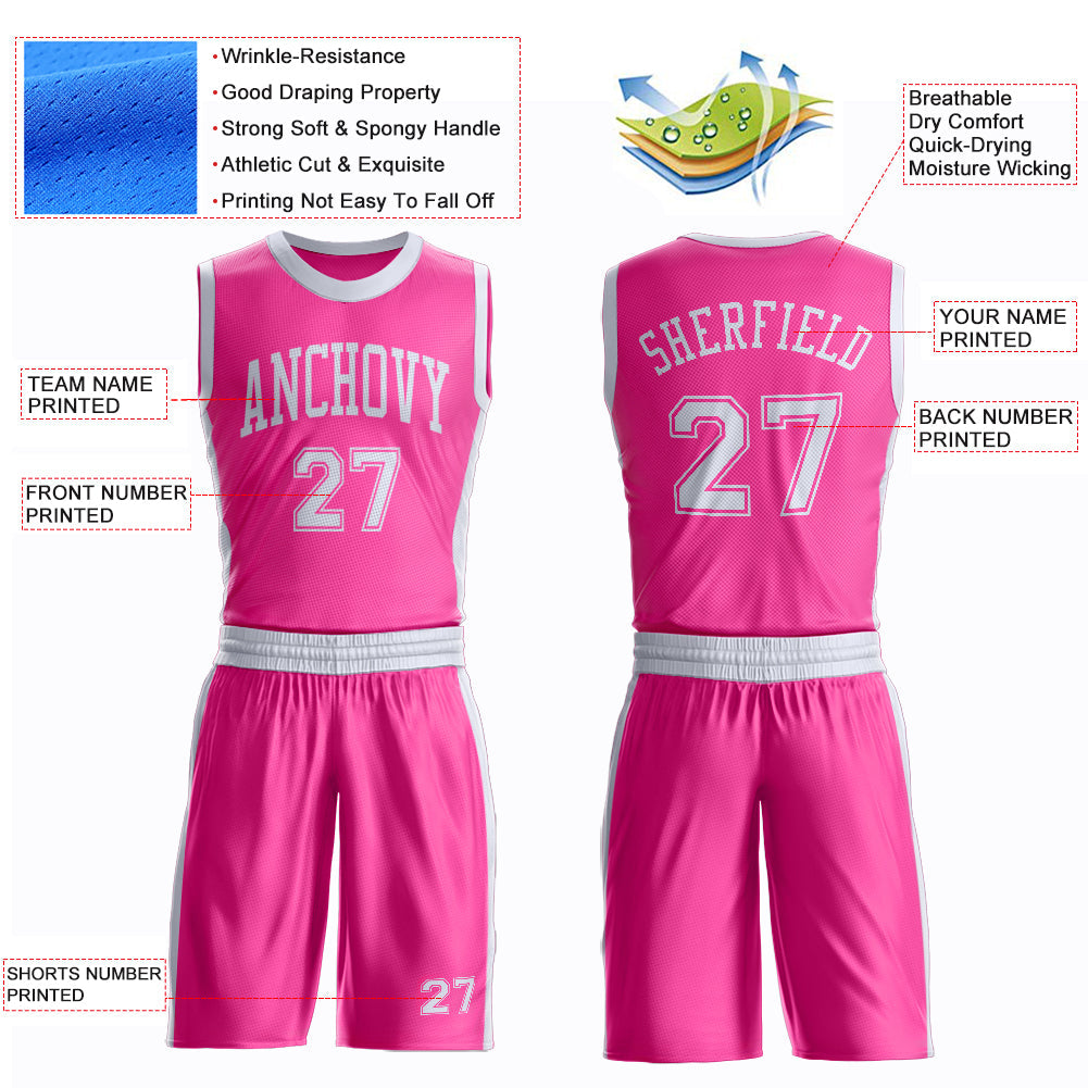 Custom Pink White Round Neck Basketball Uniform Jersey view 4