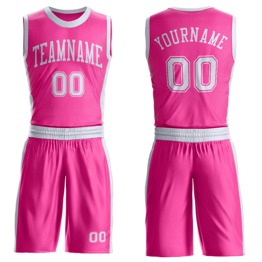 Custom Pink White Round Neck Basketball Uniform Jersey - Main View