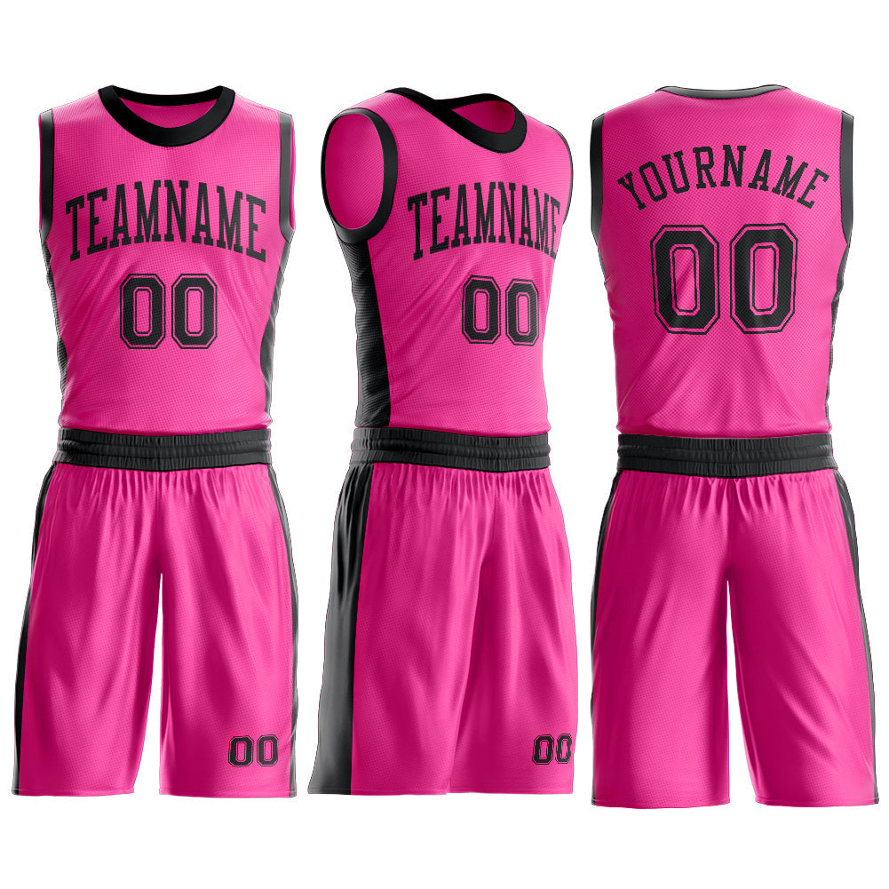 Custom Pink Black Round Neck Basketball Uniform Jersey view 3