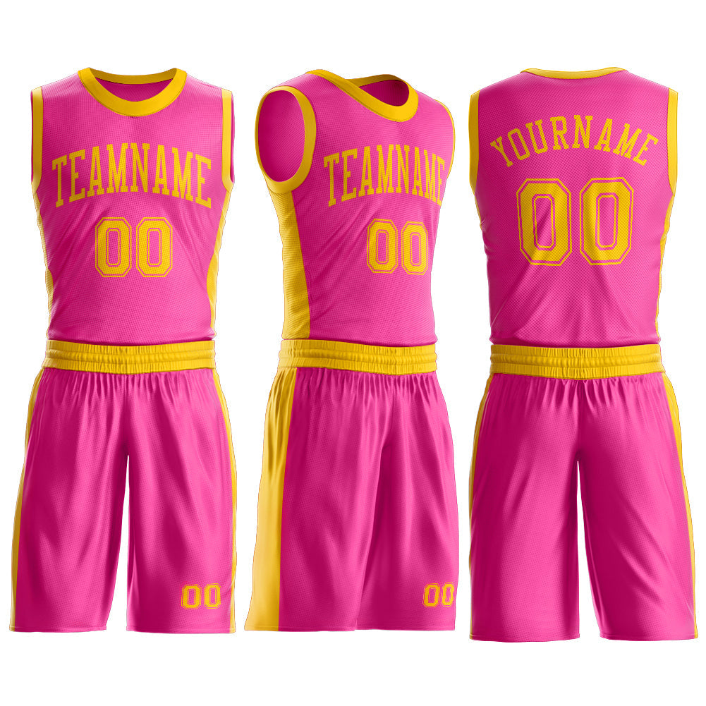 Custom Pink Gold Round Neck Basketball Uniform Jersey view 3