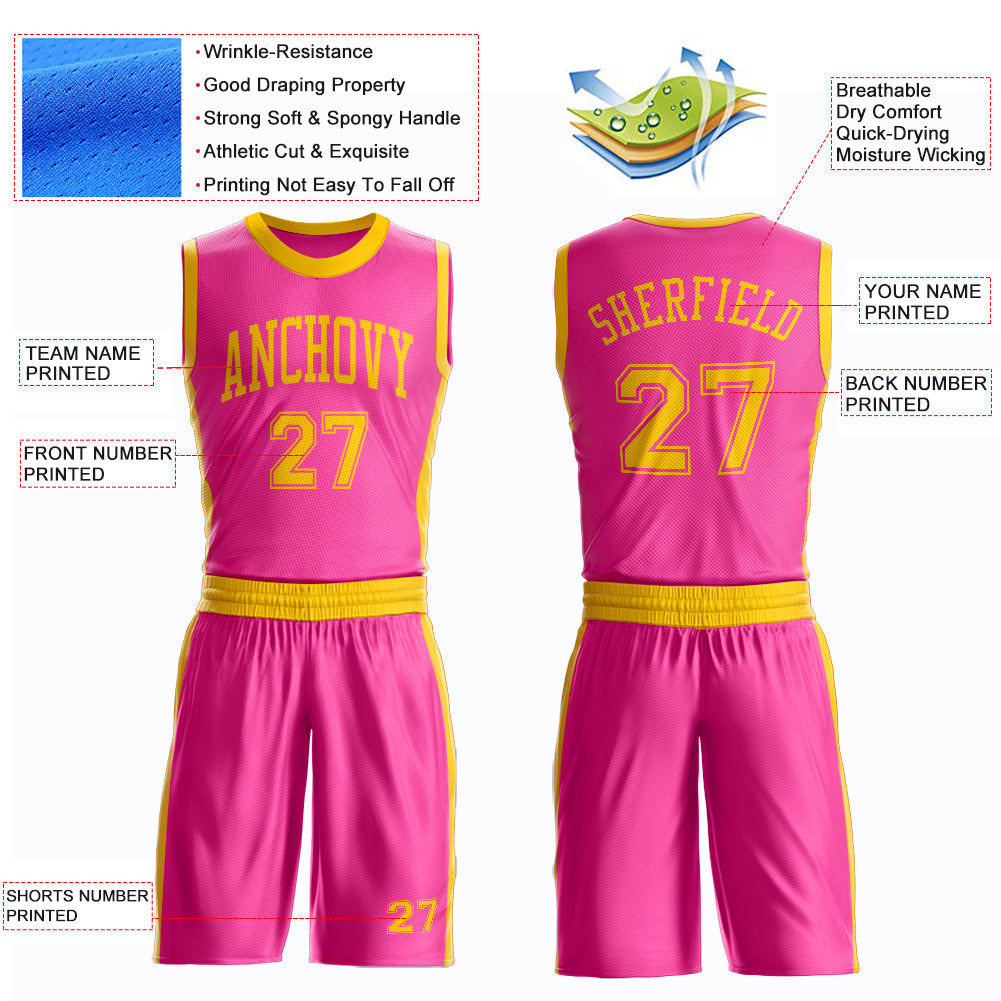 Custom Pink Gold Round Neck Basketball Uniform Jersey view 4