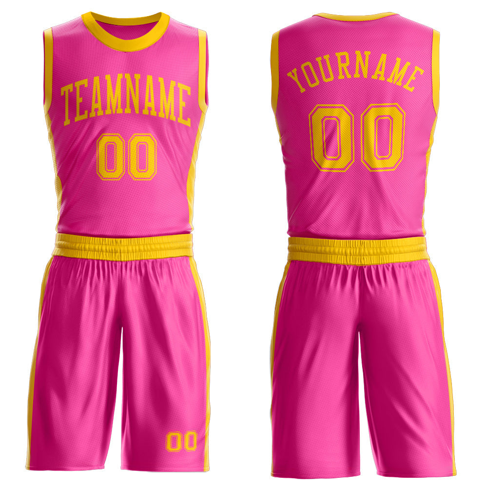 Custom Pink Gold Round Neck Basketball Uniform Jersey - Main View