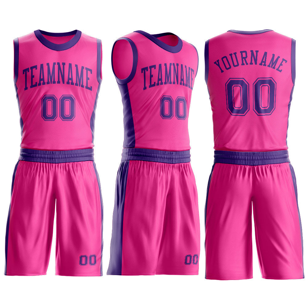 Custom Pink Purple Round Neck Basketball Uniform Jersey view 3