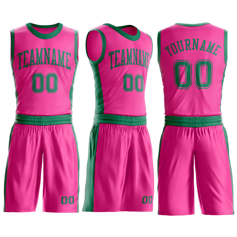 Custom Pink Kelly Green Round Neck Basketball Uniform Jersey view 3