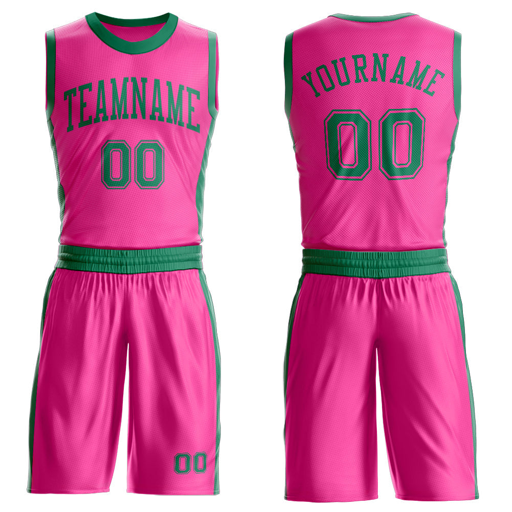 Custom Pink Kelly Green Round Neck Basketball Uniform Jersey - Main View
