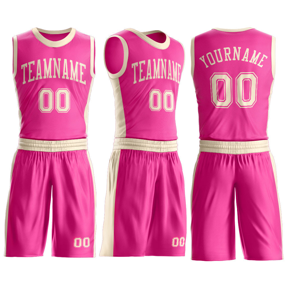 Custom Pink Cream Round Neck Basketball Uniform Jersey view 3