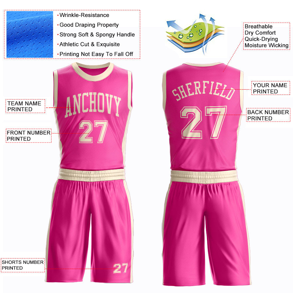 Custom Pink Cream Round Neck Basketball Uniform Jersey view 4
