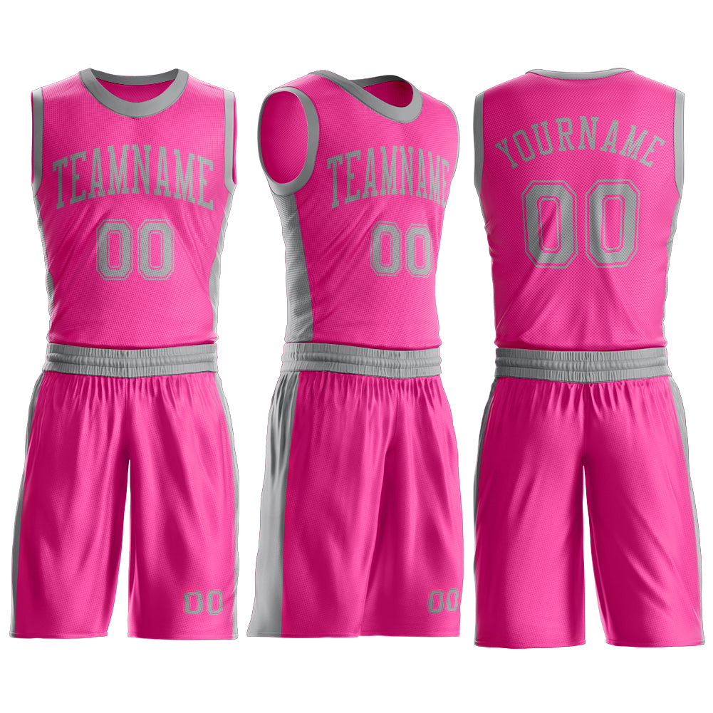 Custom Pink Gray Round Neck Basketball Uniform Jersey view 3