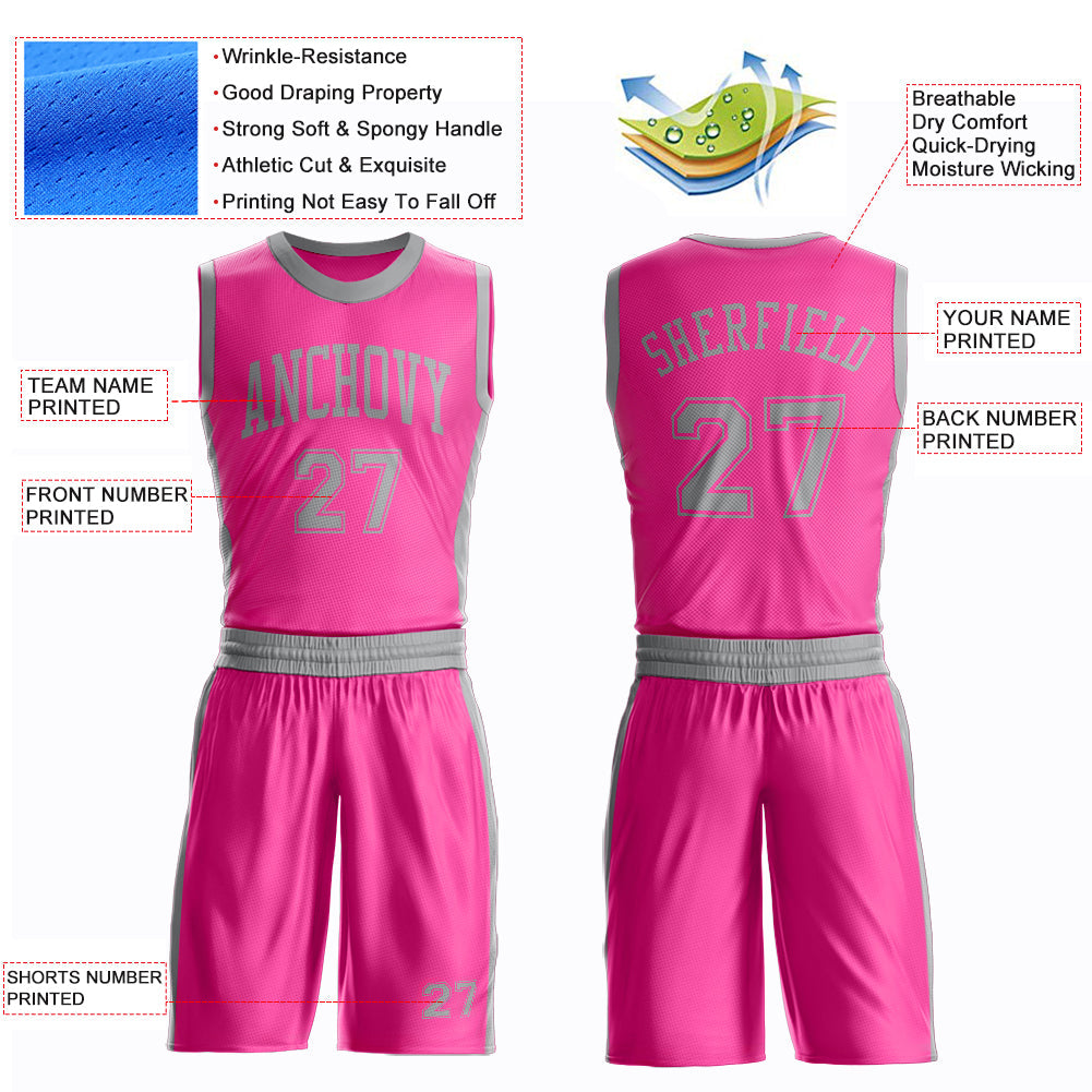 Custom Pink Gray Round Neck Basketball Uniform Jersey view 4