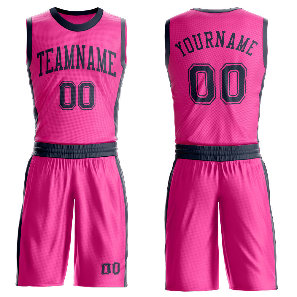 Custom Pink Navy Round Neck Basketball Uniform Jersey - Main View