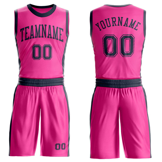 Custom Pink Navy Round Neck Basketball Uniform Jersey - Main View