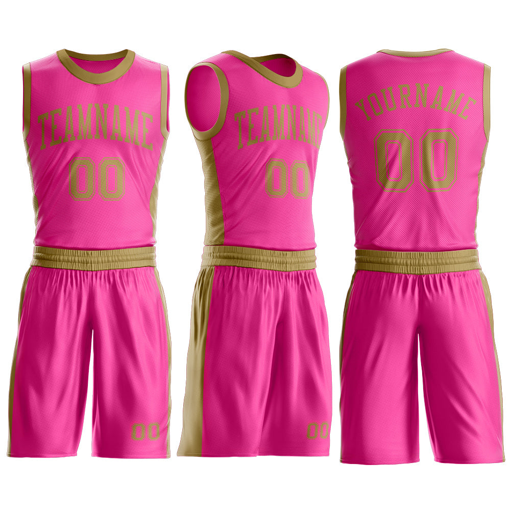 Custom Pink Old Gold Round Neck Basketball Uniform Jersey view 3