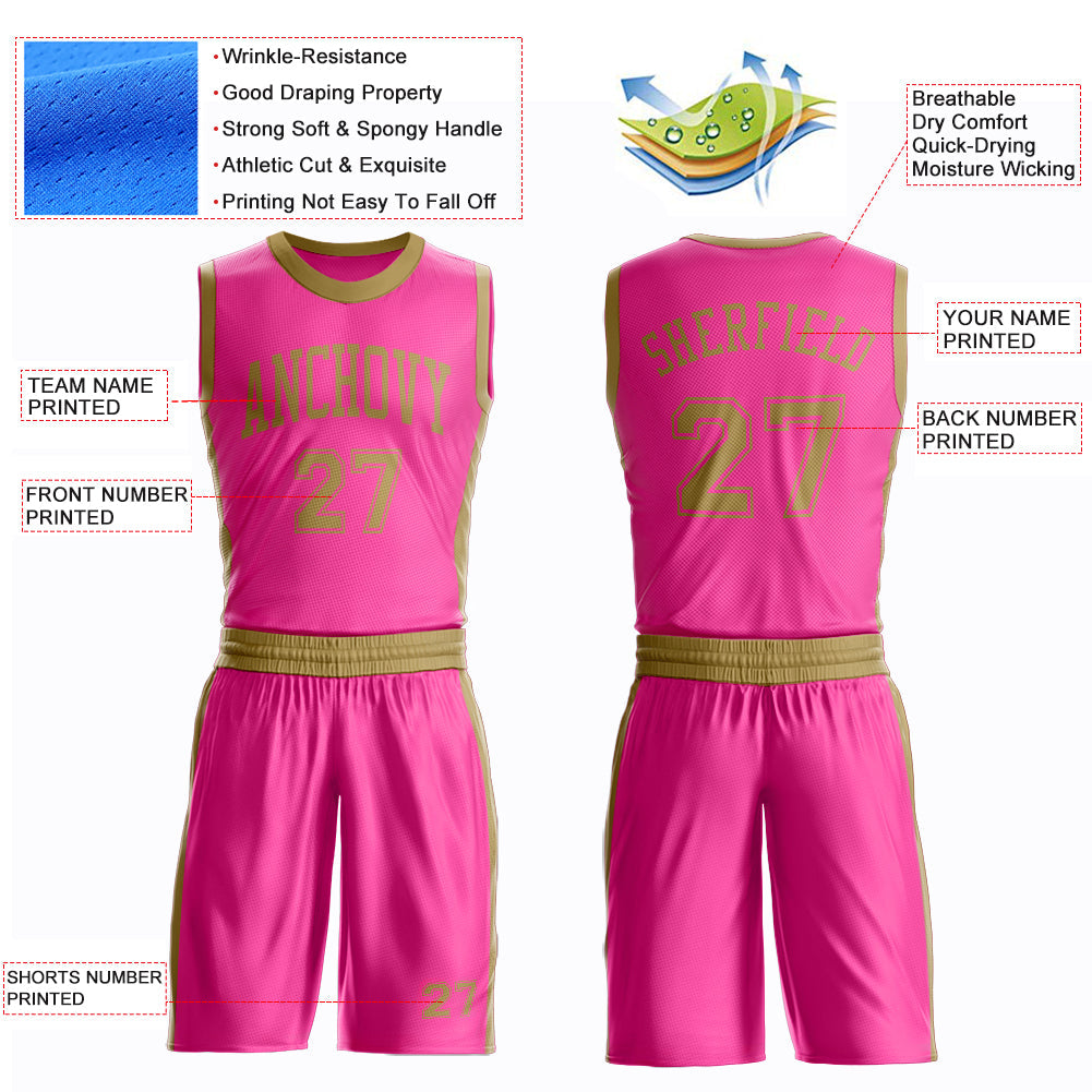 Custom Pink Old Gold Round Neck Basketball Uniform Jersey view 4