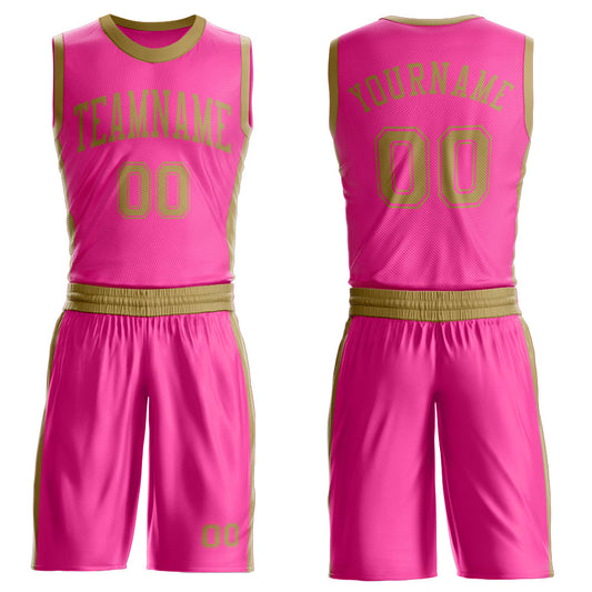 Custom Pink Old Gold Round Neck Basketball Uniform Jersey - Main View
