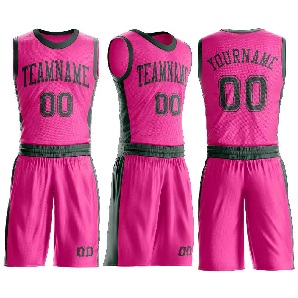 Custom Pink Green Round Neck Basketball Uniform Jersey view 3
