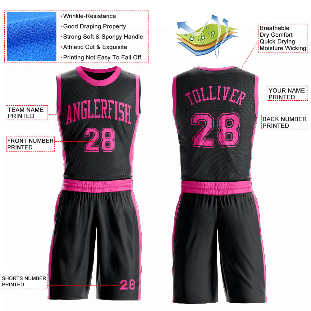 Custom Black Pink Round Neck Basketball Uniform Jersey view 4