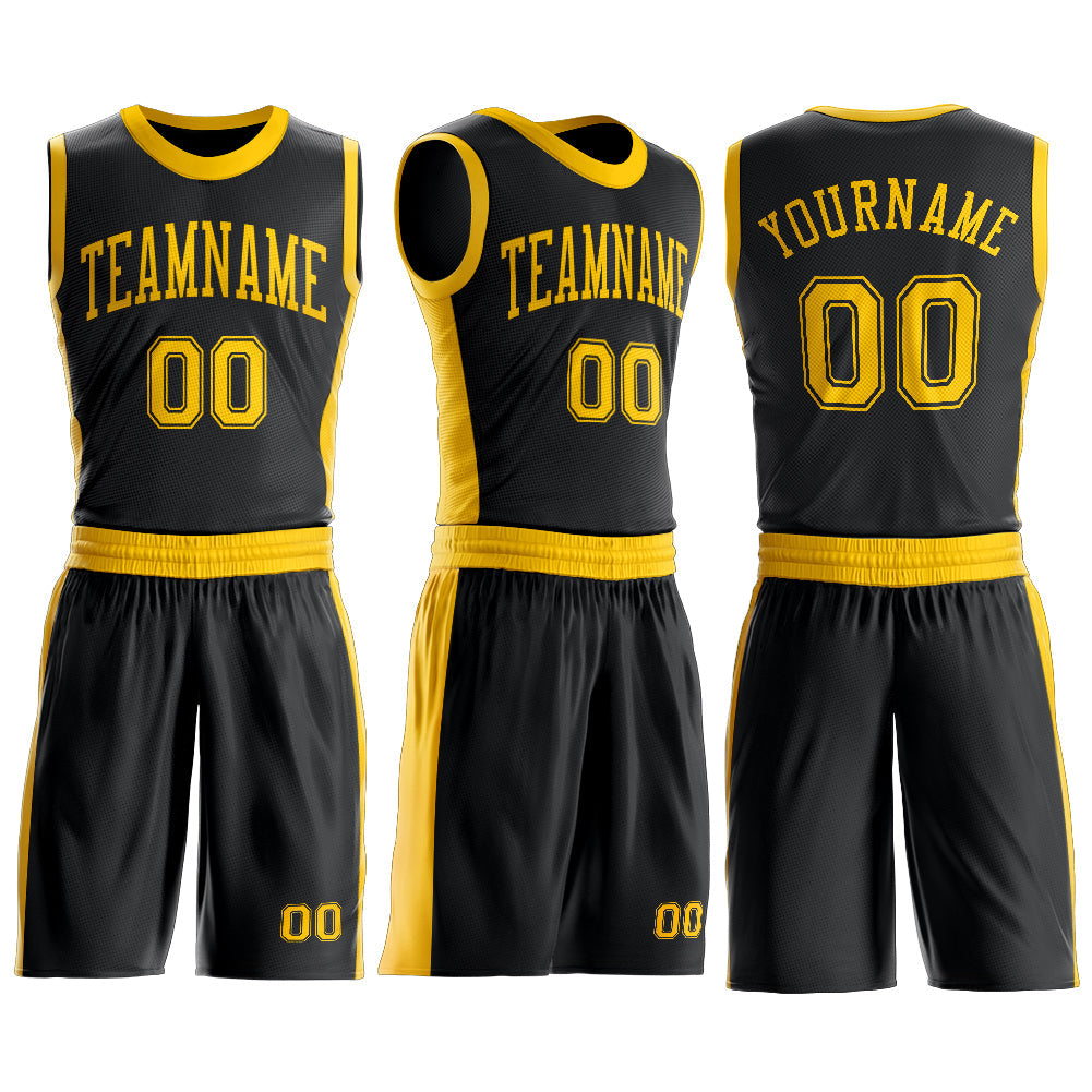 Custom Black Gold Round Neck Basketball Uniform Jersey view 3