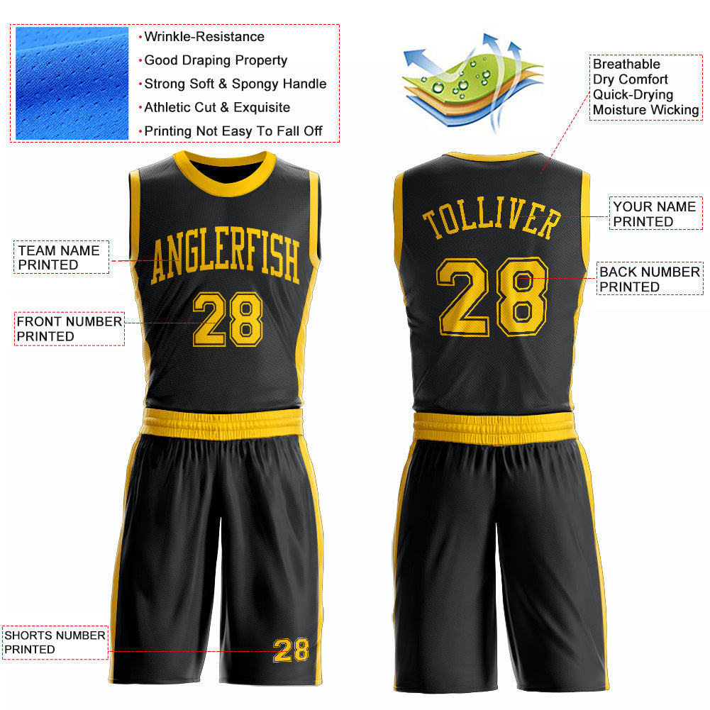 Custom Black Gold Round Neck Basketball Uniform Jersey view 4