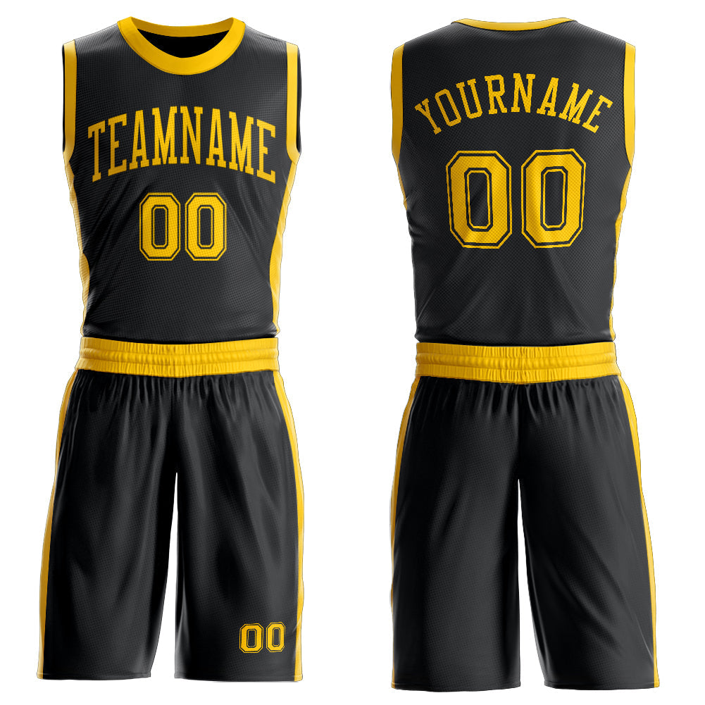 Custom Black Gold Round Neck Basketball Uniform Jersey - Main View
