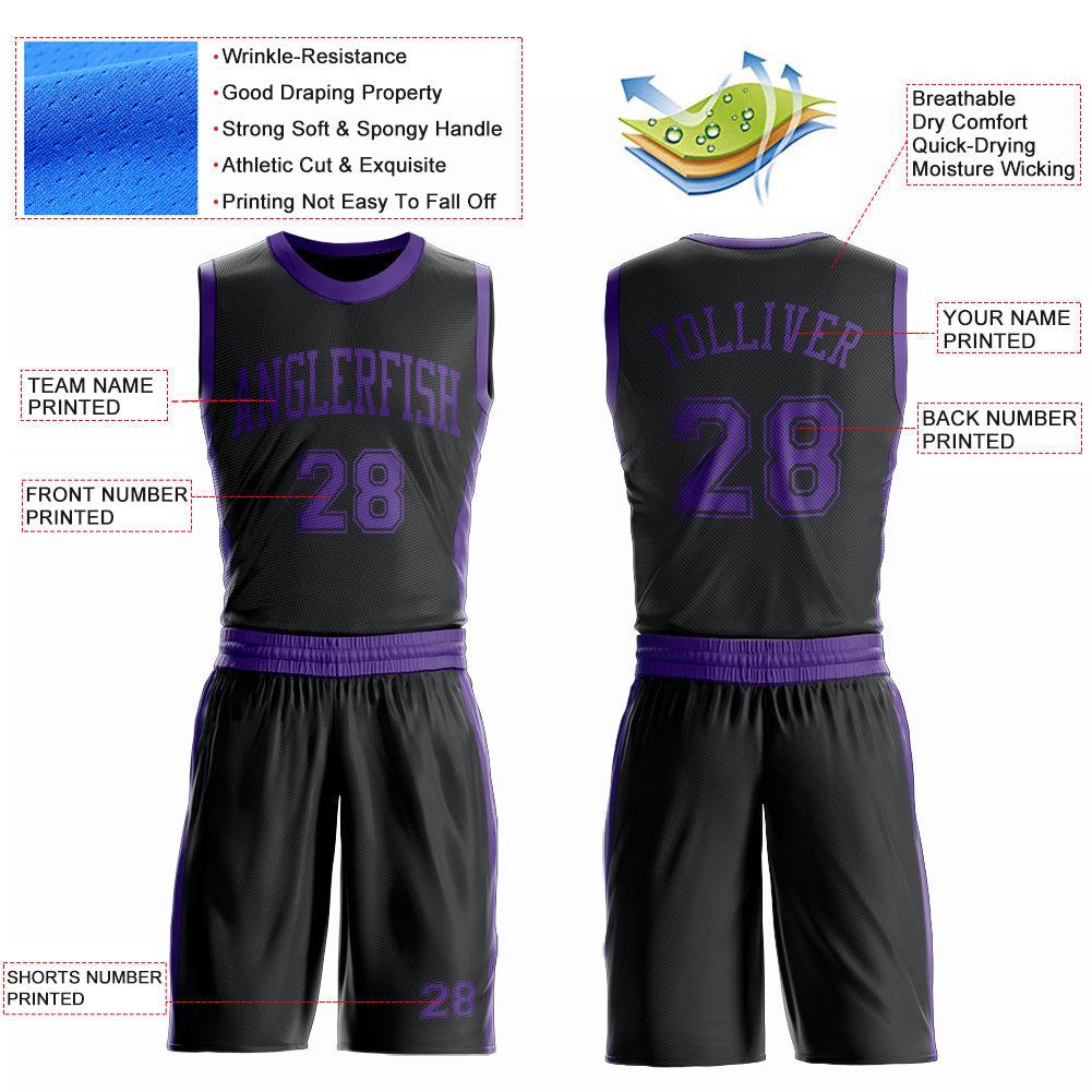 Custom Black Purple Round Neck Basketball Uniform Jersey view 4