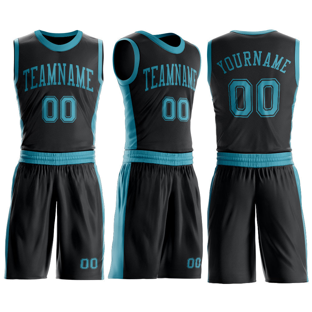 Custom Black Teal Round Neck Basketball Uniform Jersey view 3